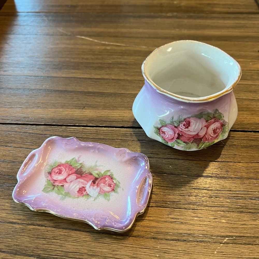 Vintage China rose pattern bowl and gray